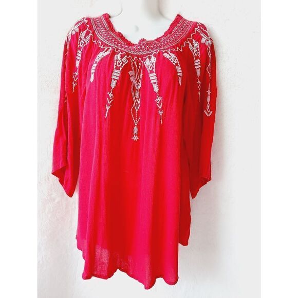 Terre Bleue red peasant embroidered small top - Picture 1 of 6